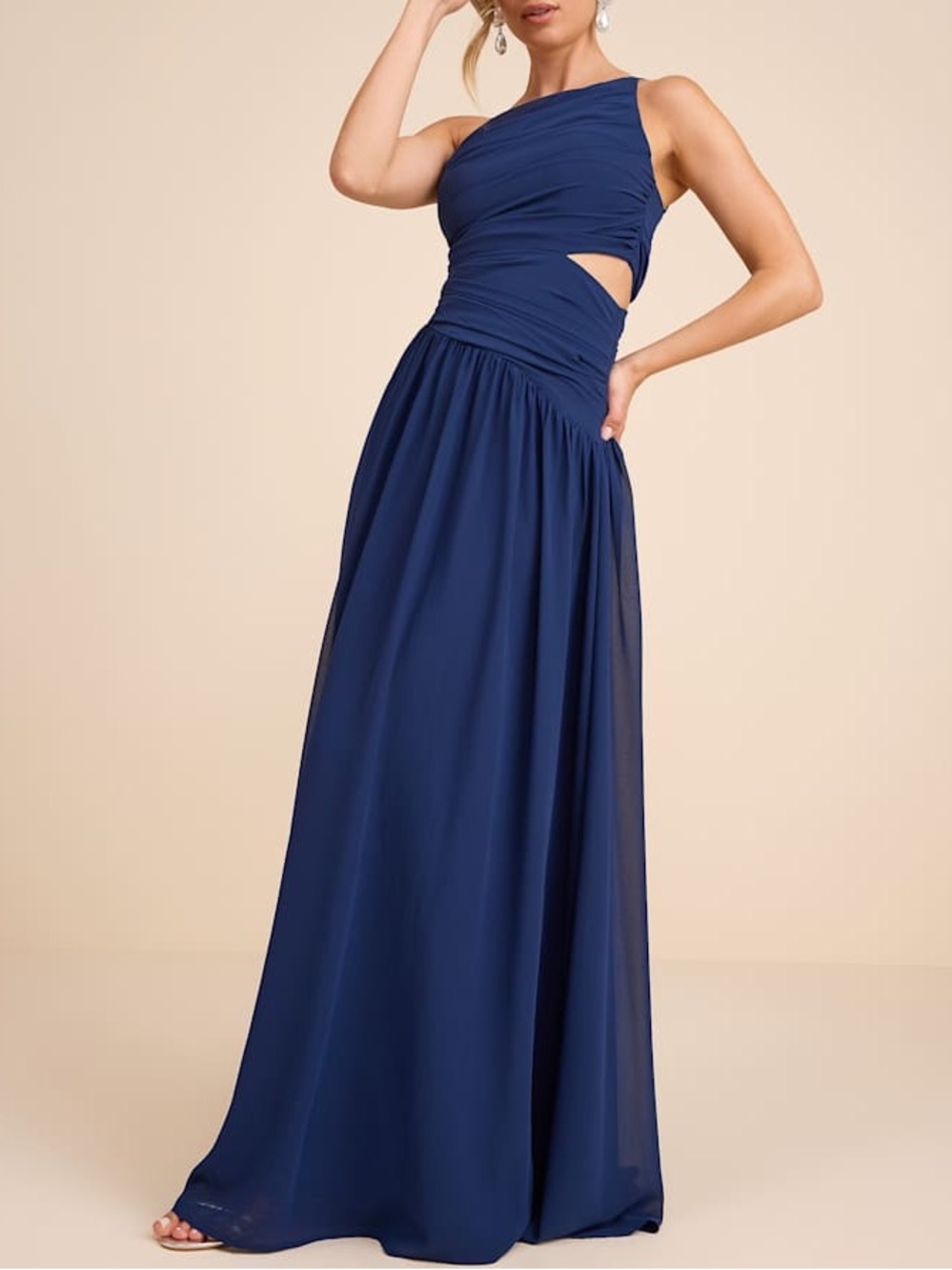 Lulus Marcela Navy Blue Ruched One-Shoulder Maxi Dress Size L NWT